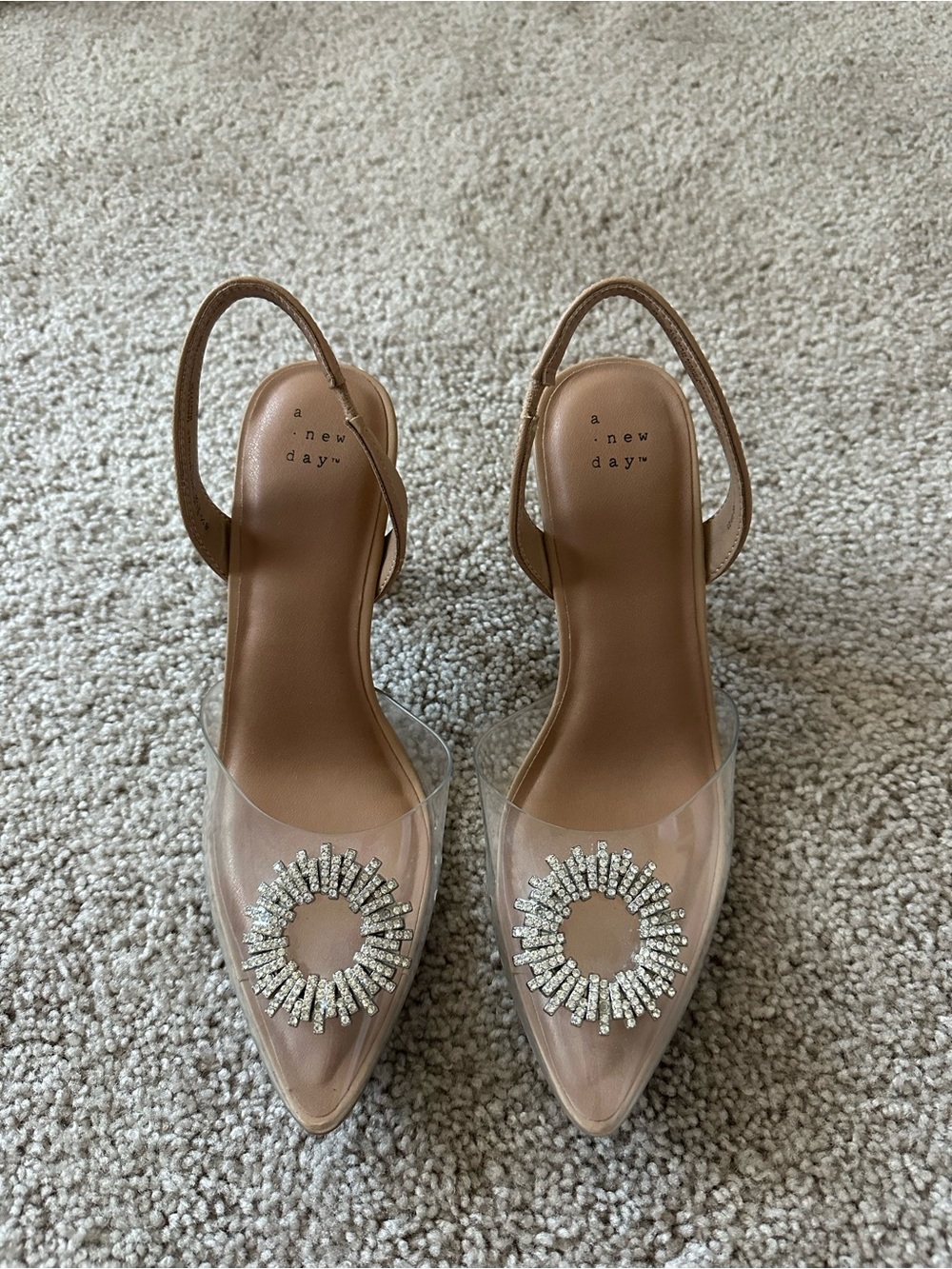 a new day Clear Pointed Slingback Heels with Tan Insole and Crystal Sunburst